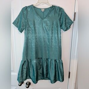 A New Day Teal Short Puff Sleeve, Ruffle Hem Satin Dress with Pockets - small